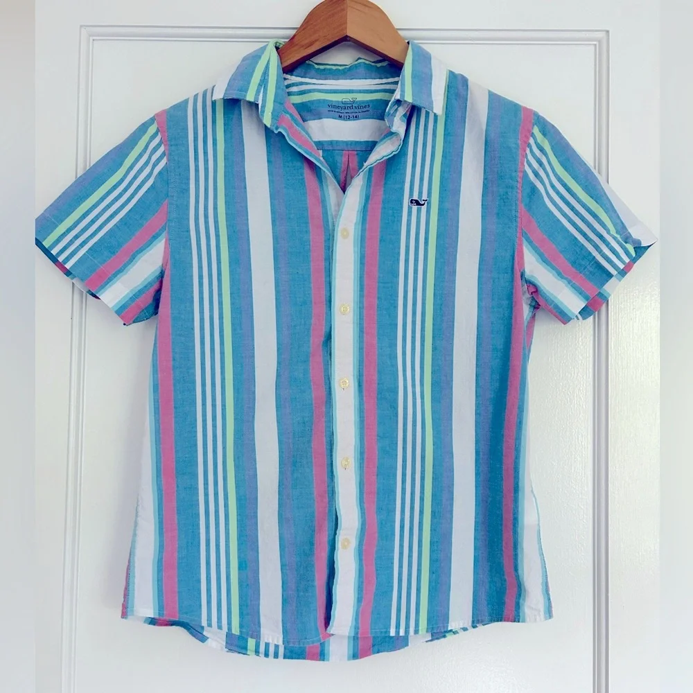 Boys, vineyard vines, short sleeve multicolor stripe button-down shirt - Picture 1 of 3